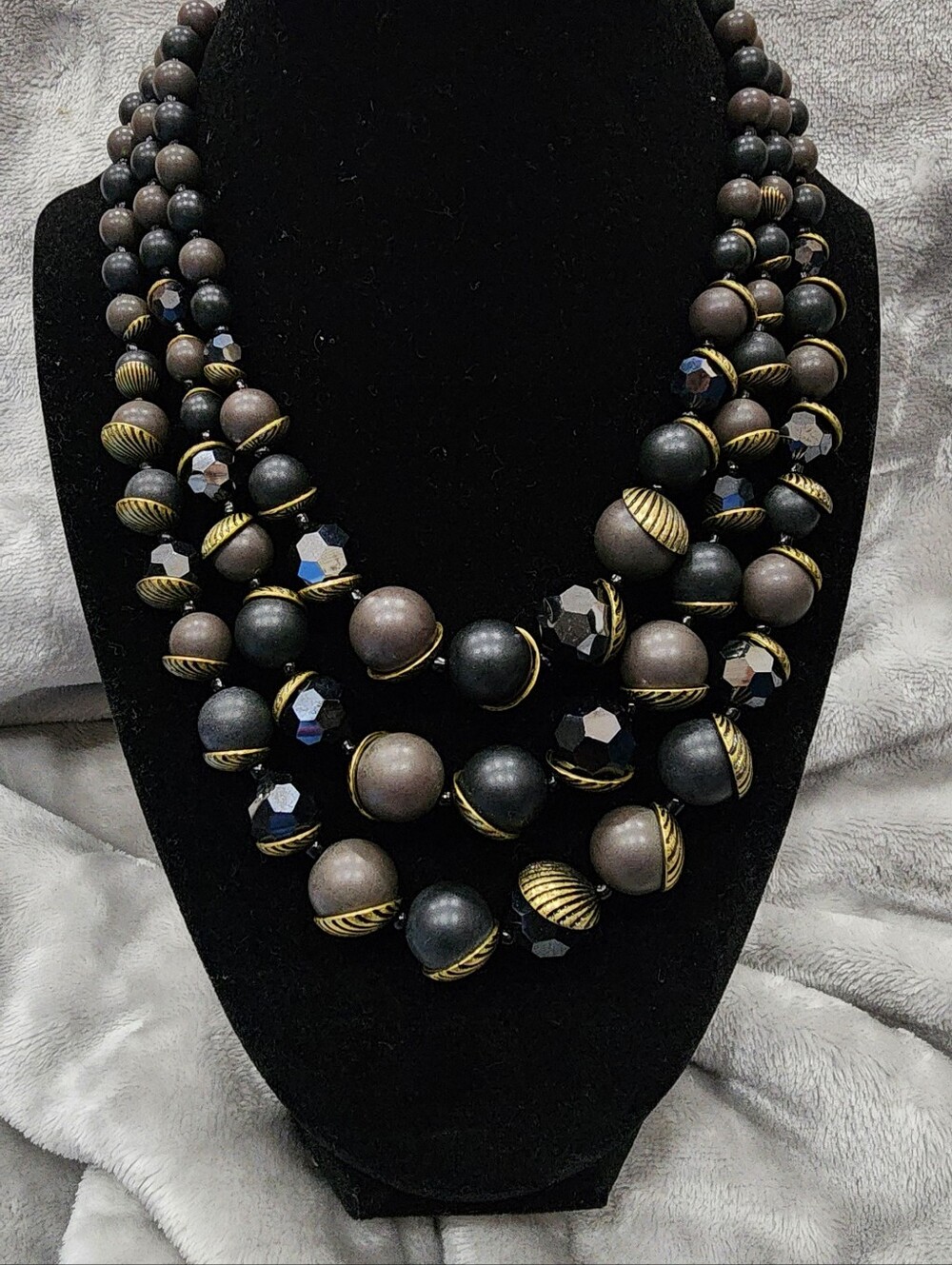 NEW! Matte Black and Brown Multi-Strand Beaded Necklace with Gold Accents, NWT